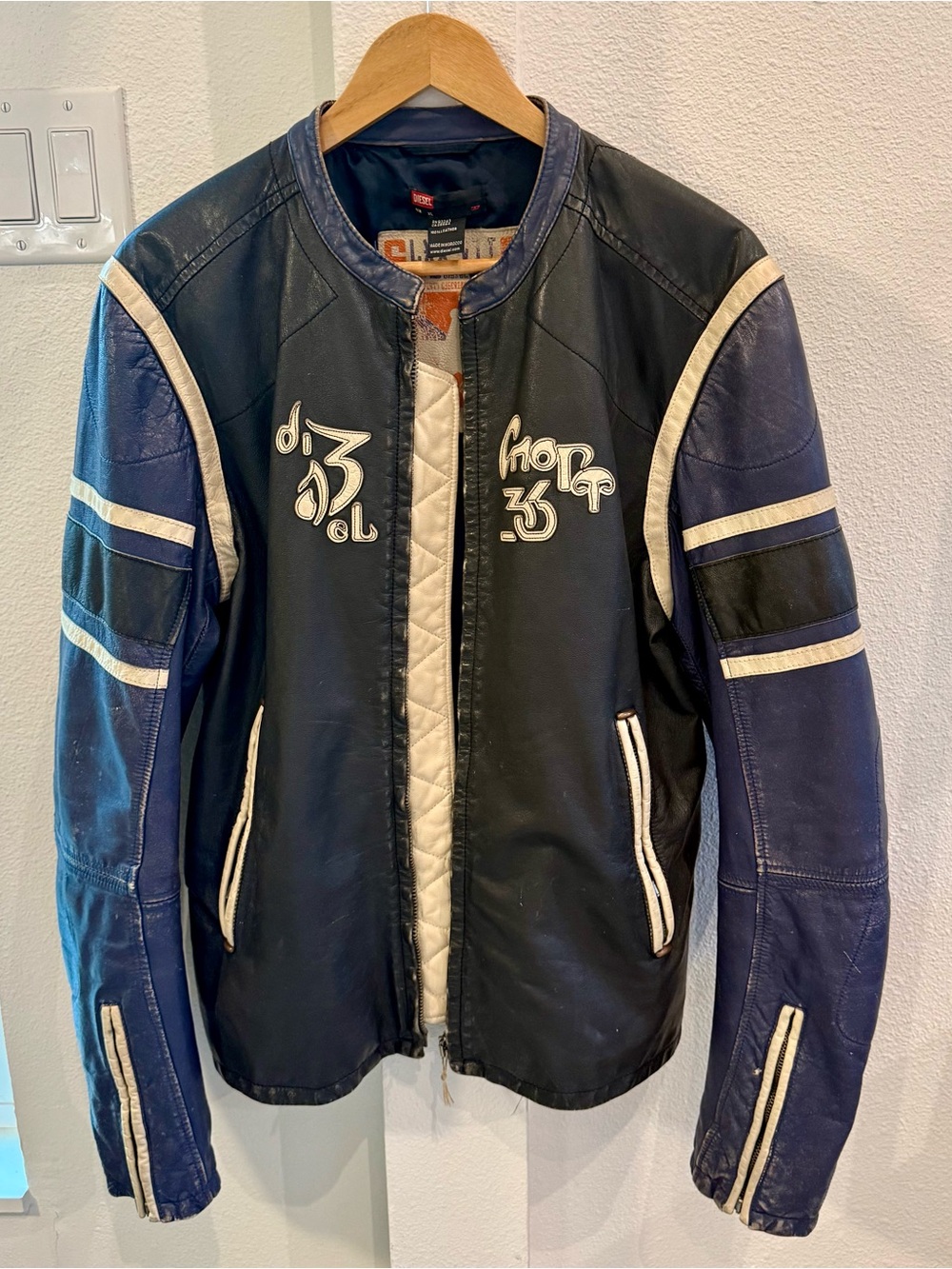 Vintage Diesel 100% Leather Colorblock Racing Moto Jacket XL